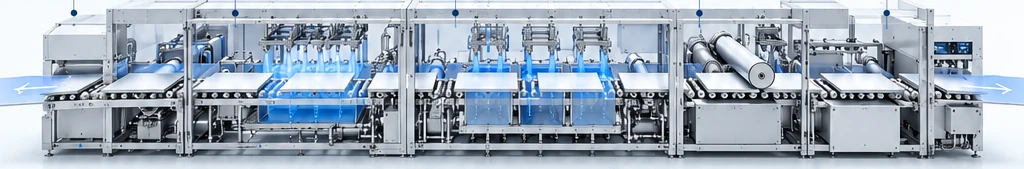 Conceptual horizontal equipment configuration; discrete sheet product direction left to right