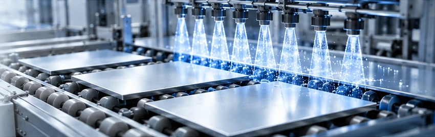 Conceptual sheet-type product on rollers under chemical process contact